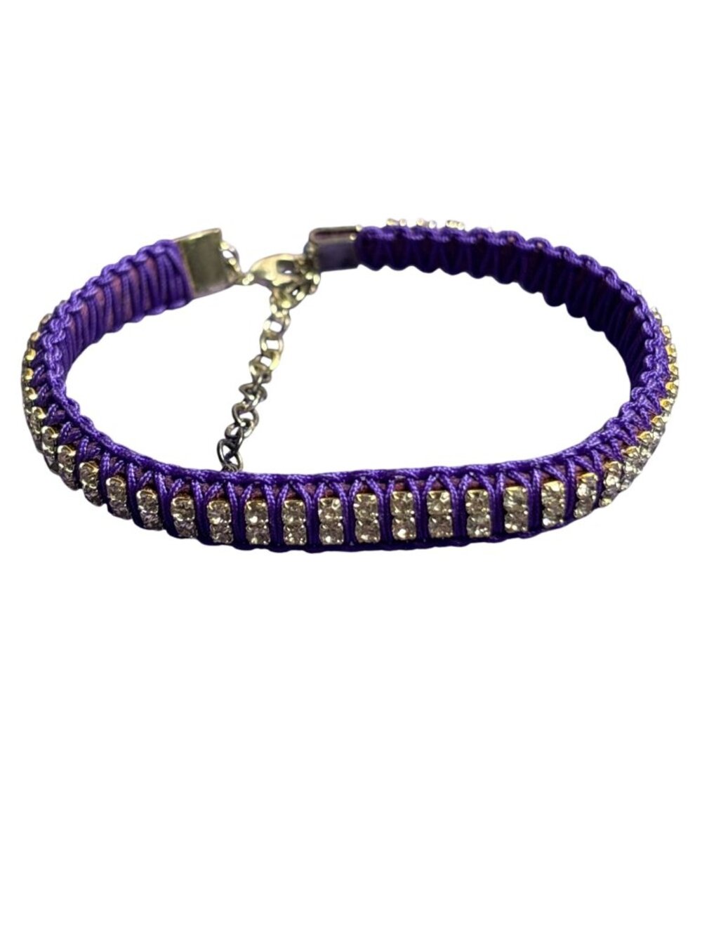 Purple Cord Clear Rhinestones Bracelet Silvertone 7 - 9 inches Long